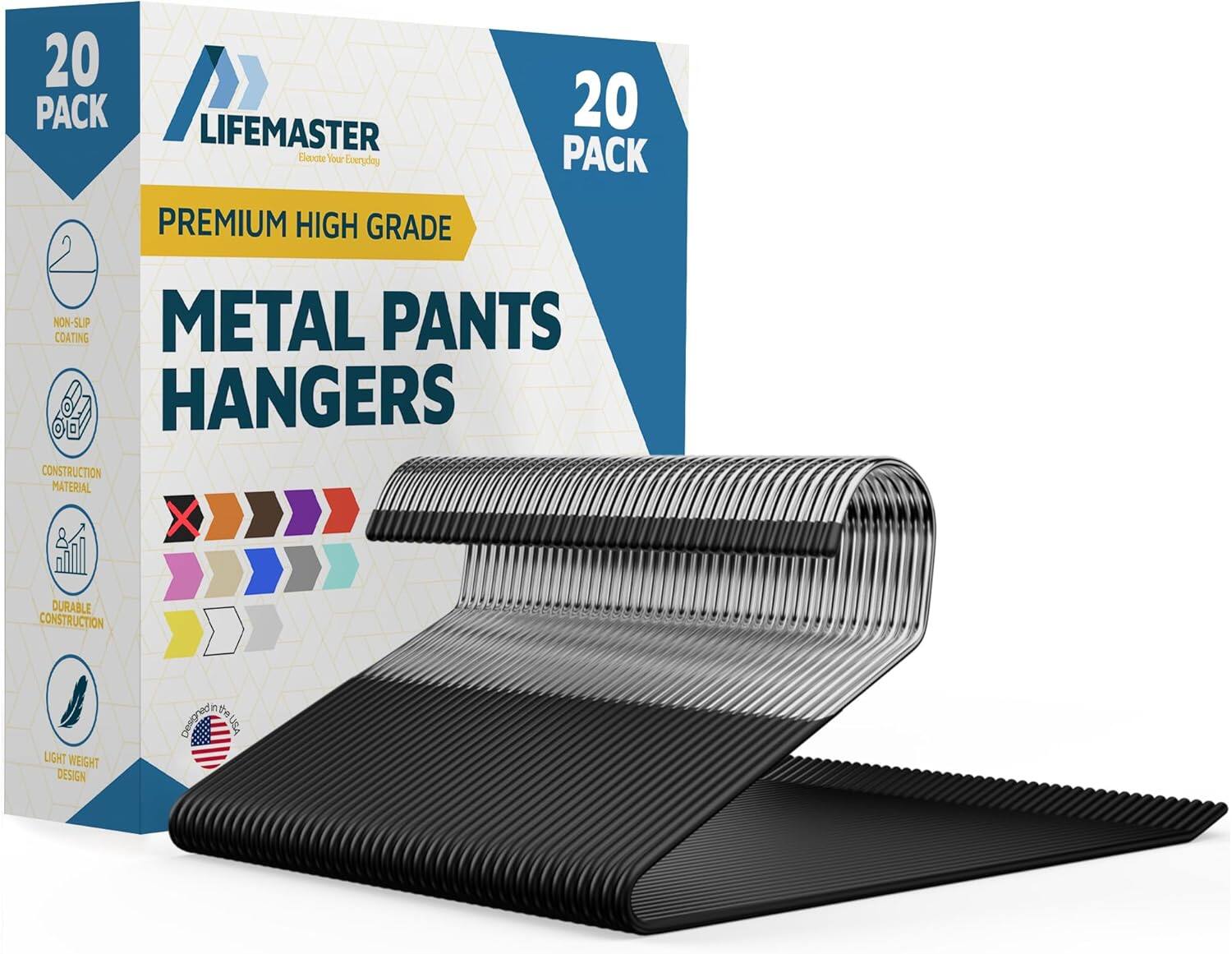 Lifemaster - Metal Pants Hangers – 20-Pack, Non-Slip, Rubber Coated, Open-Ended, Space-Saving for Pants & Jeans - Black