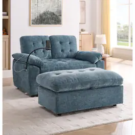 LUCKY ONE - Double Sofa Recliner with Manual Adjustable Backrest,USB Port,Phone Stand and Storage Ottoman - Blue