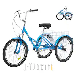 VEVOR - Folding Adult Tricycle, 24-Inch Adult Folding Trikes, Carbon Steel 3 Wheel Cruiser Bike with Large Basket - Blue
