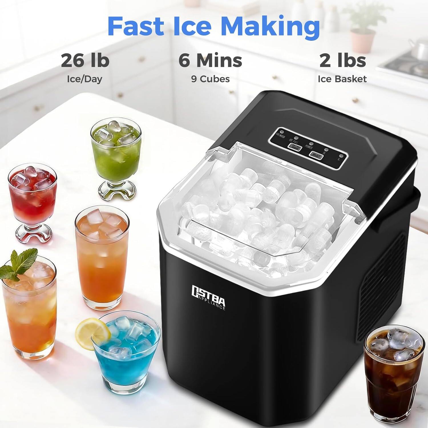 Fast Ice Making  
26 lb Ice/Day  
6 Mins  
2 lbs Ice Basket  
9 Cubes  
S R OSTBA PLIANCE