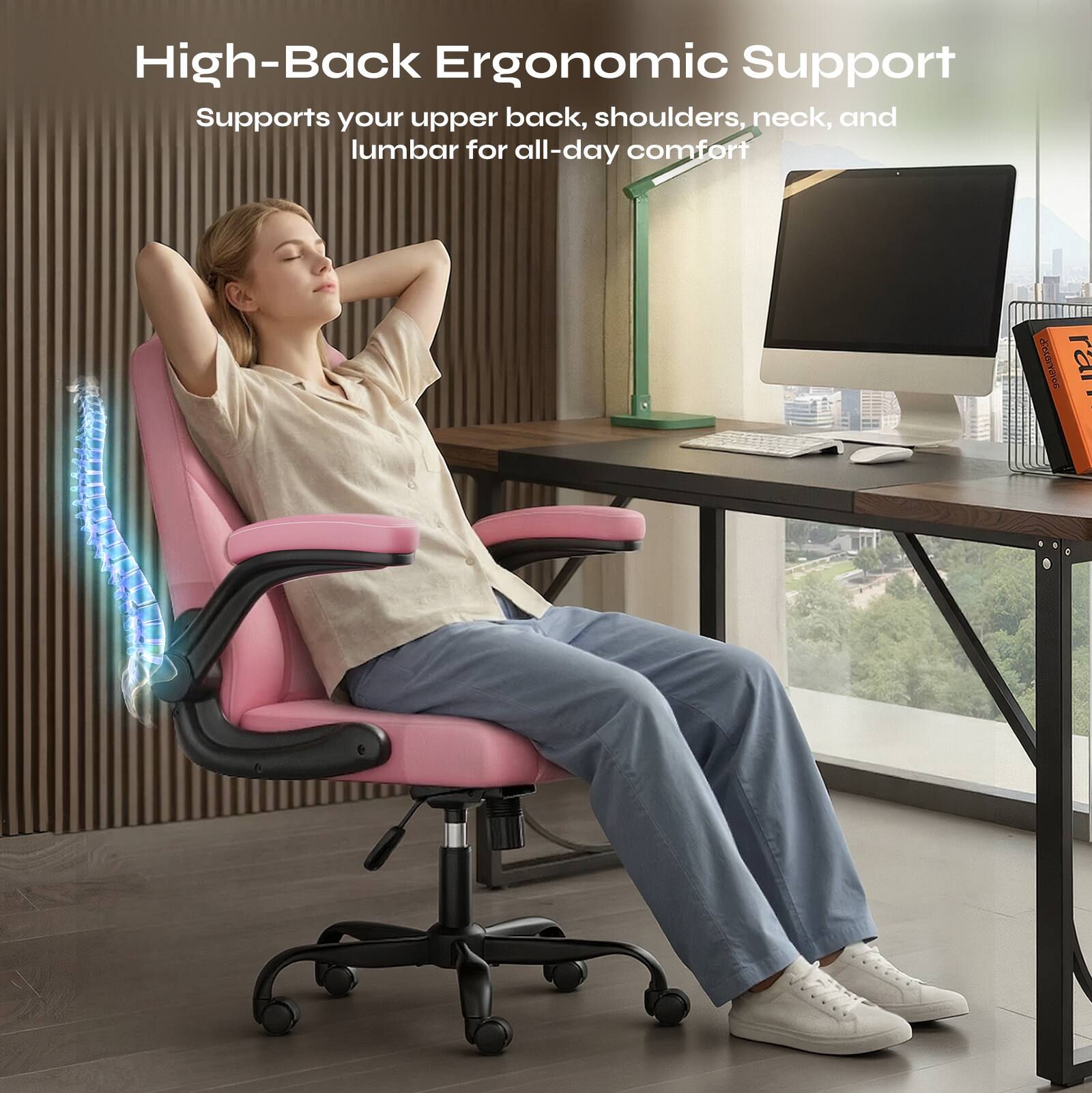 High-Back Ergonomic Support  
Supports your upper back, shoulders, neck, and lumbar for all-day comfort