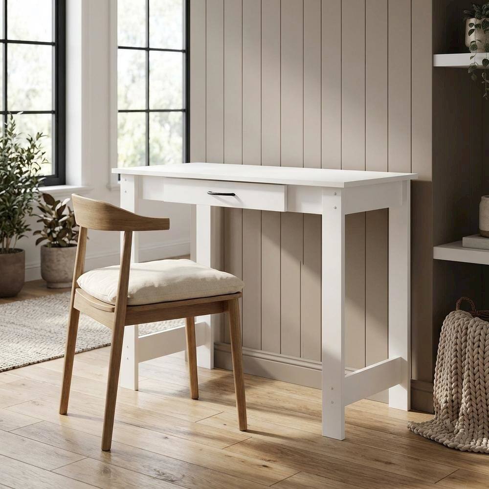 Left. BisonOffice - White Writing Desk With Drawer For Home Office And Residential Use - White.