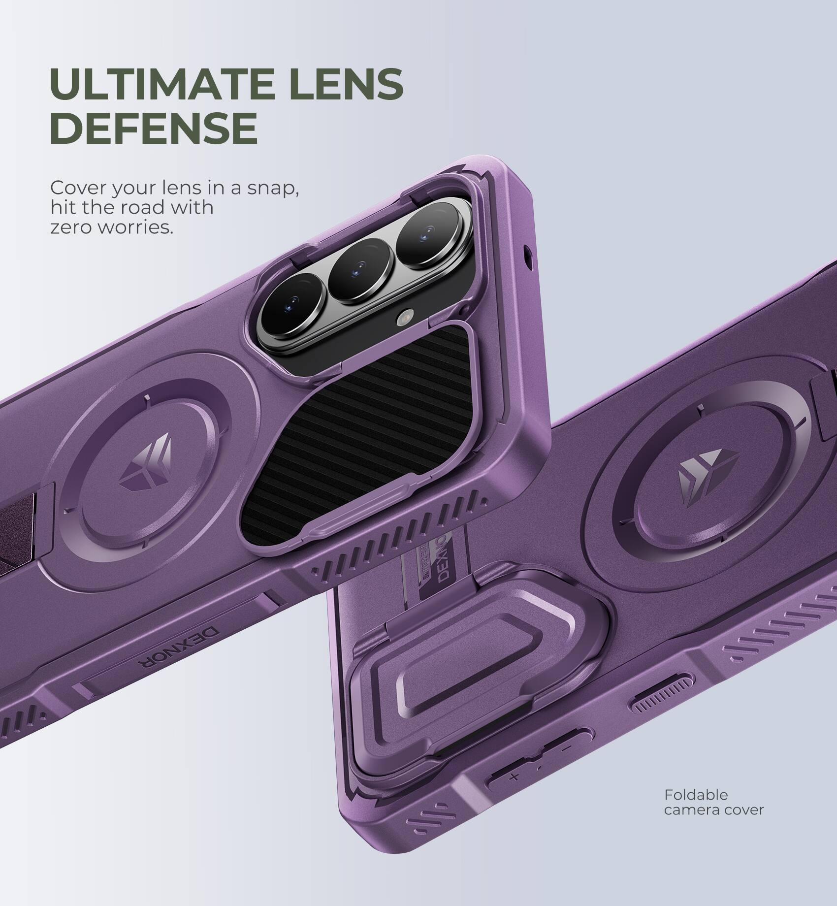 ULTIMATE LENS DEFENSE  
Cover your lens in a snap, hit the road with zero worries.  

DEXNOR DEXNOR 111111  
Foldable camera cover