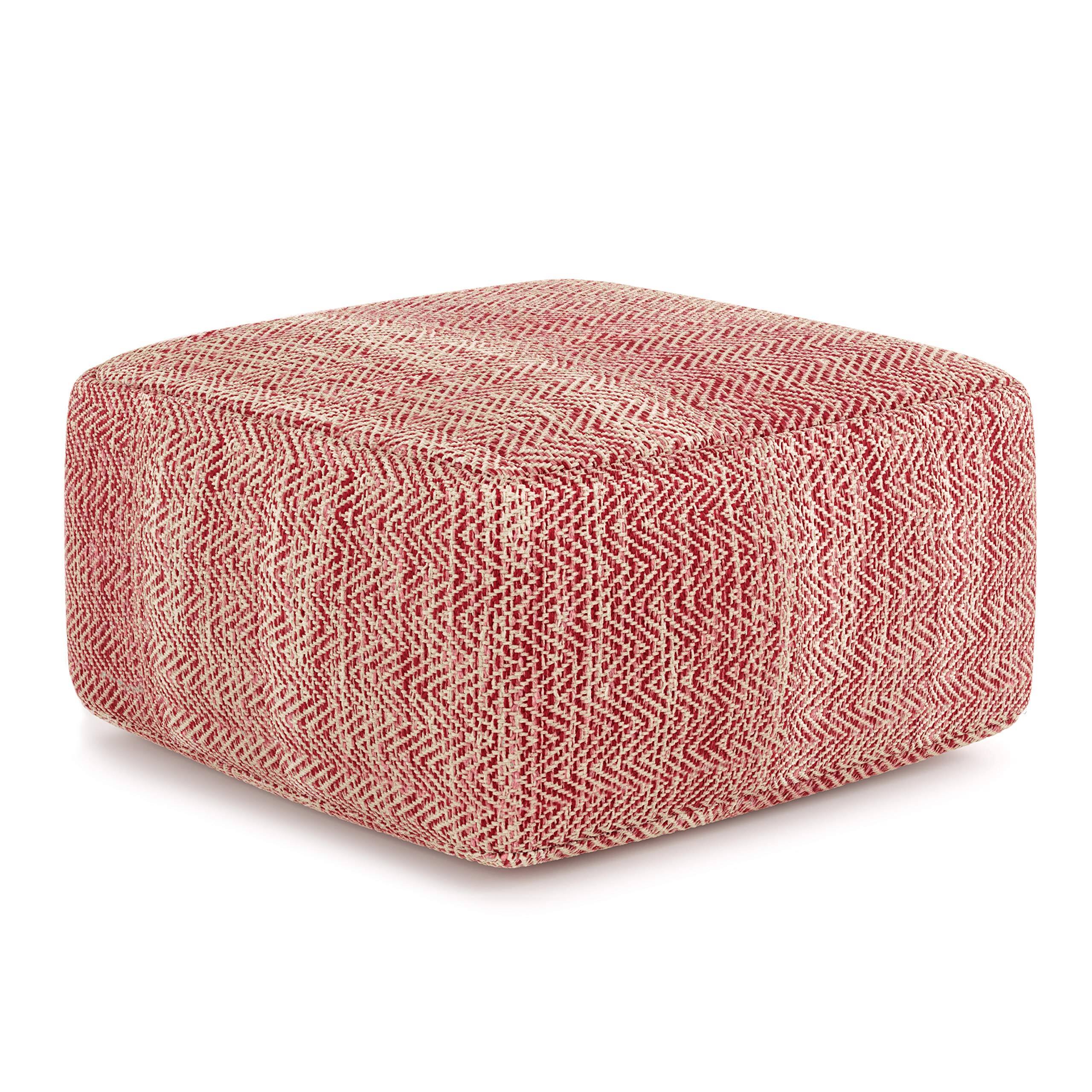 Front. JETRANSPORT - Nate 20-inch Wide Square Pouf Patterned Teal Melange Handwoven Boho-style Cotton Ottoman Footrest Extra - Patterned Maroon Melange Cotton Pouf.