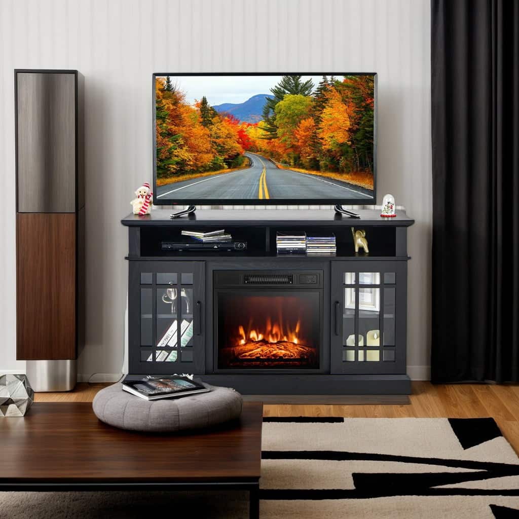 Kadyn - Entertainment Centers,TV Stands,48 Inch Electric Fireplace TV Stand with Cabinets for TVs Up to 55 Inch - Black