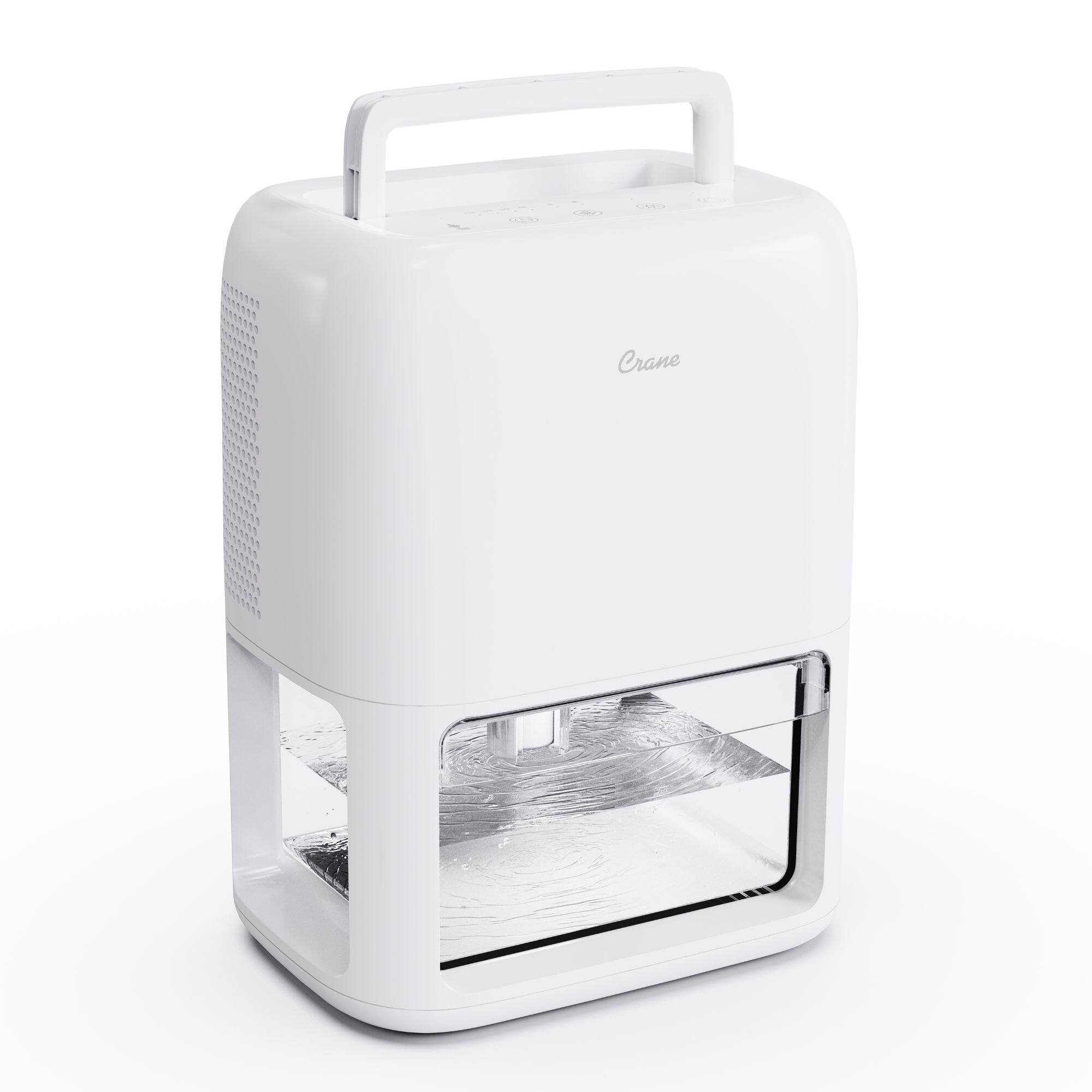 Angle. CRANE - Dehumidifier with 3.8 Pint Tank, With Auto Shut-Off and Optional Ambient Light - White.