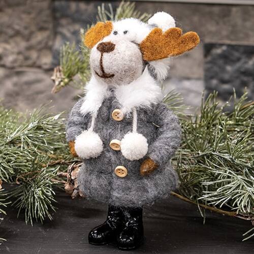 Angle. BreeBe - Moose in Gray Puffer Coat Felted Ornament - Grey.