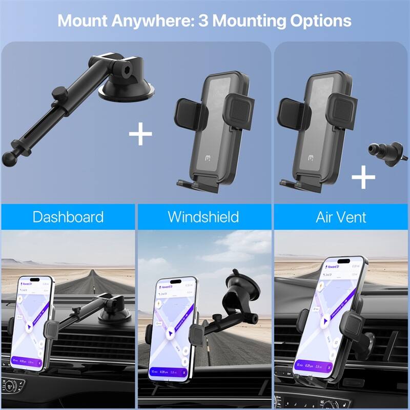 Mount Anywhere: 3 Mounting Options + 3 Mounting Options + Dashboard Windshield Air Vent