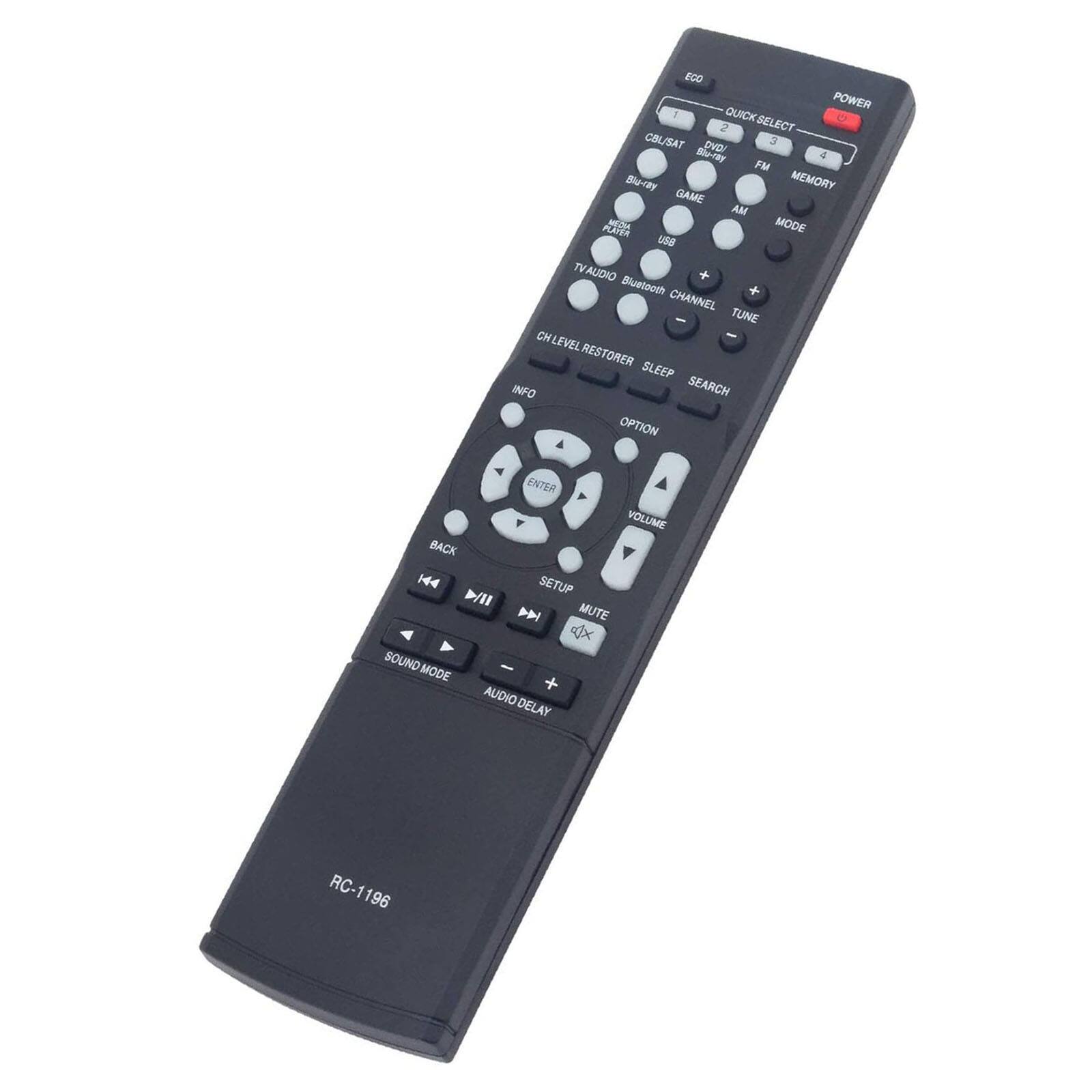 FCG POWER QUICK D 2 SELECT CBUSA SAT 3 DVDY Se-ay 4 FM So-By MEMORY GAME AM PLRTER M MODE use TV AUDIO + Bluetooth CHANNEL TUNE CN LEVEL RESTORER SLEEP INFO SEARCH OPTION ENTER A VOLUME BACK 144 SETUP D/II P MUTE x SOUND MODE AUDIO DELAY RC-1196 RC 196