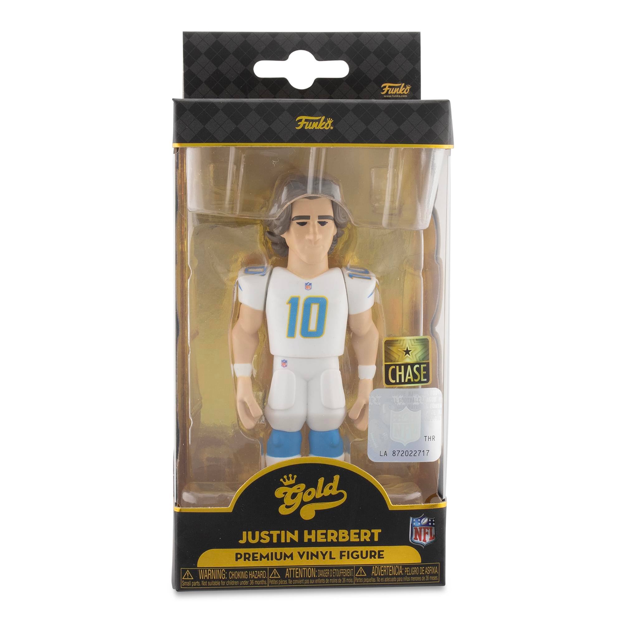 Funko

Gold
JUSTIN HERBERT
PREMIUM VINYL FIGURE

CHASE

THR
LA 872022717

WARNING: CHOKING HAZARD - Small parts. Not for children under 3 years.
ATTENTION: PELIGRO DE AHOGO - Piezas pequeñas. No es adecuado para niños menores de 3 años.