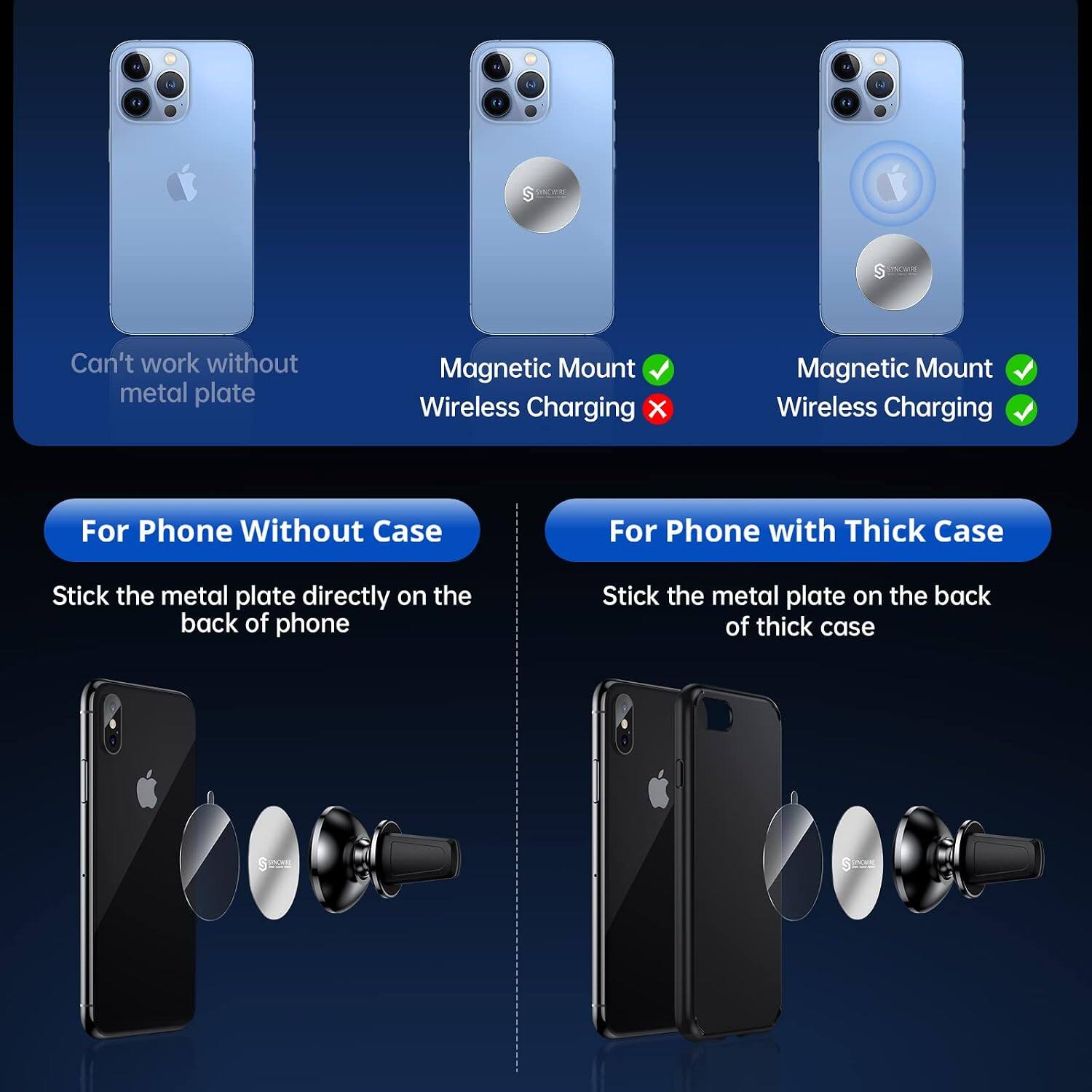SYNCHEPS

Can't work without metal plate

Magnetic Mount Wireless Charging X
Magnetic Mount Wireless Charging

For Phone Without Case
Stick the metal plate directly on the back of phone

For Phone with Thick Case
Stick the metal plate on the back of thick case