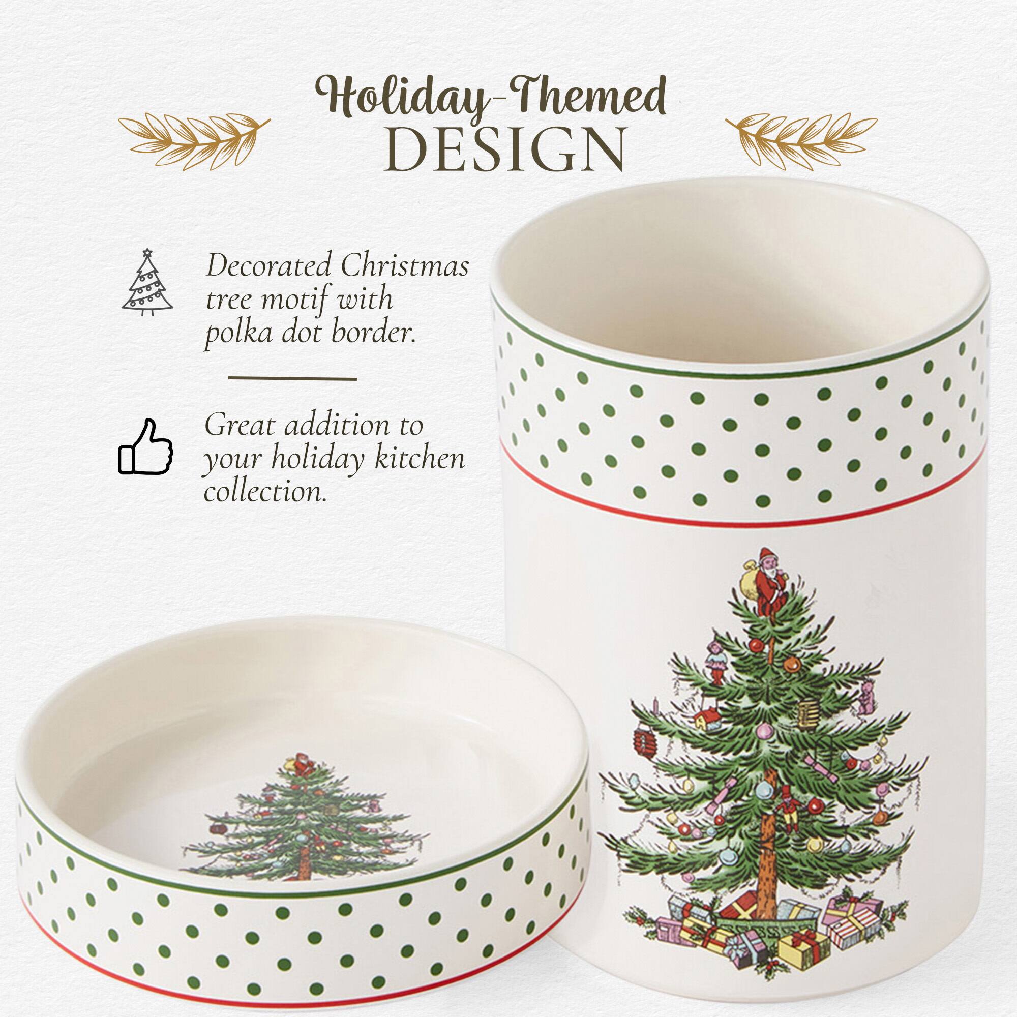 Holiday-Themed DESIGN

Decorated Christmas tree motif with polka dot border.

Great addition to your holiday kitchen collection.
