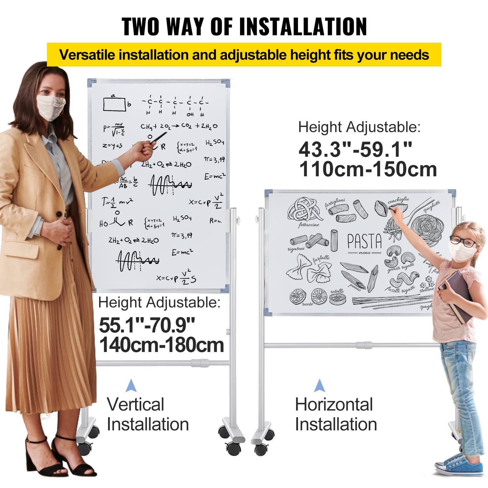 TWO WAY OF INSTALLATION Versatile installation and adjustable height fits your needs

Height Adjustable: 43.3"-59.1" 110cm-150cm
Vertical Installation

Height Adjustable: 55.1"-70.9" 140cm-180cm
Horizontal Installation