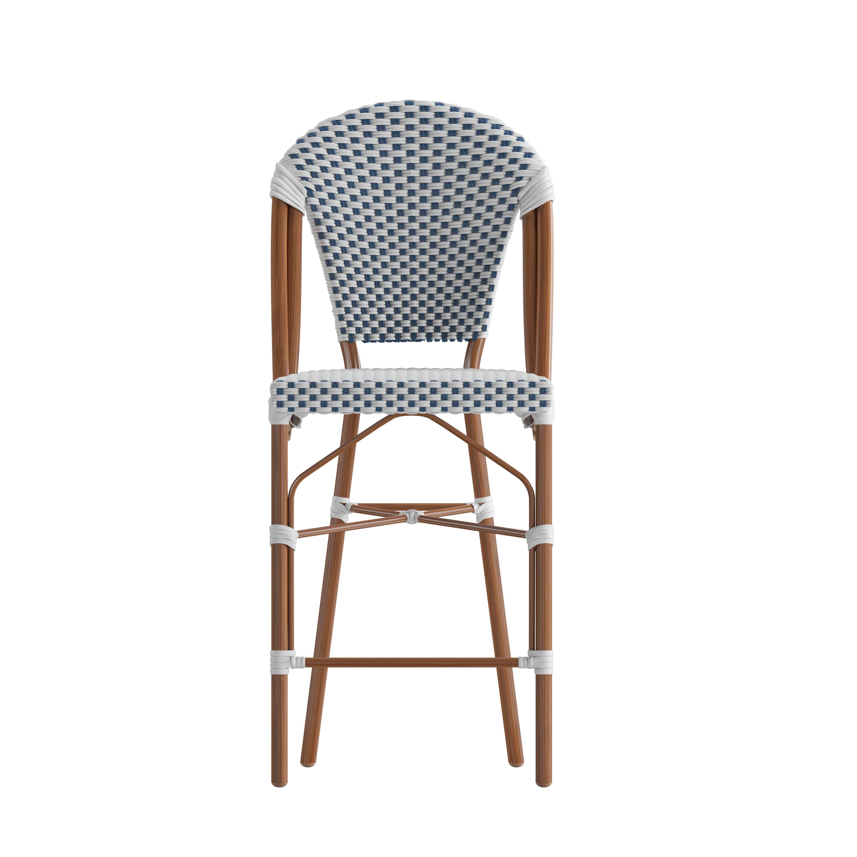 Alt View 10. Emma + Oliver - Colmar Set of Two Indoor/Outdoor 26" High Stacking Bistro Counter Stools with Patterned Seat and Back and Metal Frames - White & Navy/Natural Frame.