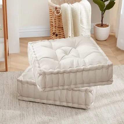 Front. Sweet Home Collection - 20"x20" Oversized Square Tufted Floor Pillow in Faux Velvet Fabric, 2-Pack - Ivory.
