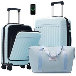 LOVMOR - 3-Piece Luggage Set Front-Opening USB TSA Spinner Expandable - Light Blue