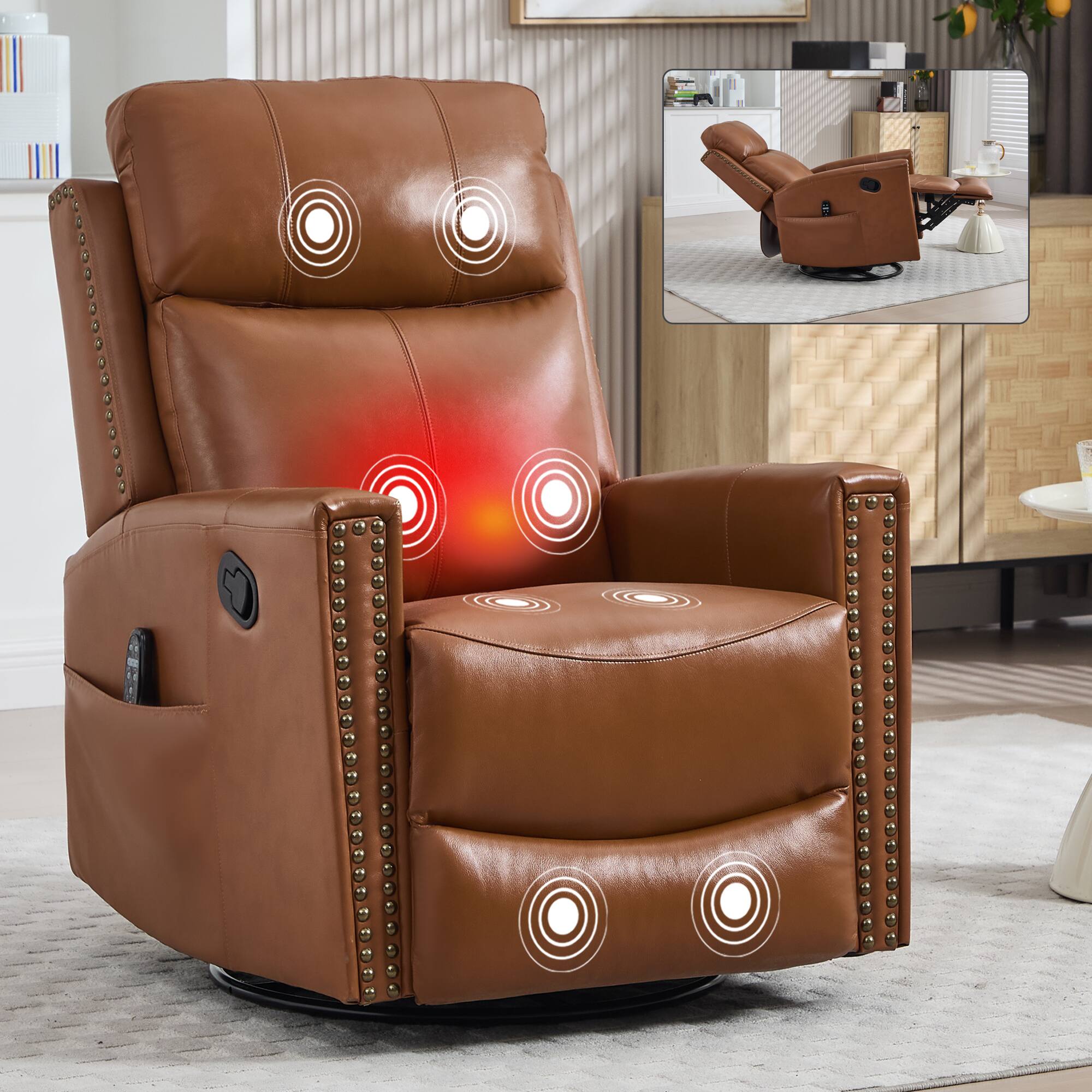 Angle. LUCKY ONE - Genuine Leather Manual Recliner Chair with 360° Swivel, Rocker, Heat Massage - Yellow Brown.