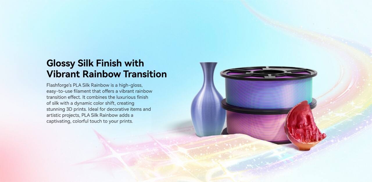 Glossy Silk Finish with Vibrant Rainbow Transition

Flashforge's PLA Silk Rainbow is a high-gloss, easy-to-use filament that offers a vibrant rainbow transition effect. It combines the luxurious finish of silk with a dynamic color shift, creating stunning 3D prints. Ideal for decorative items and artistic projects, PLA Silk Rainbow adds a captivating, colorful touch to your prints.