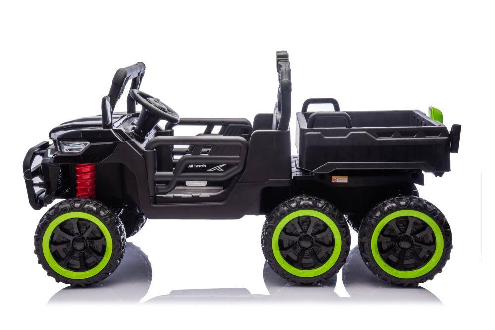 Left. BreeBe - 24V 2-Seater Kids Ride On Dump Truck, 4WD 6-Wheel w/ Remote, Electric Dump Bed, Toy Shovel, LED Lights, Music, Ages 3+ - Black.
