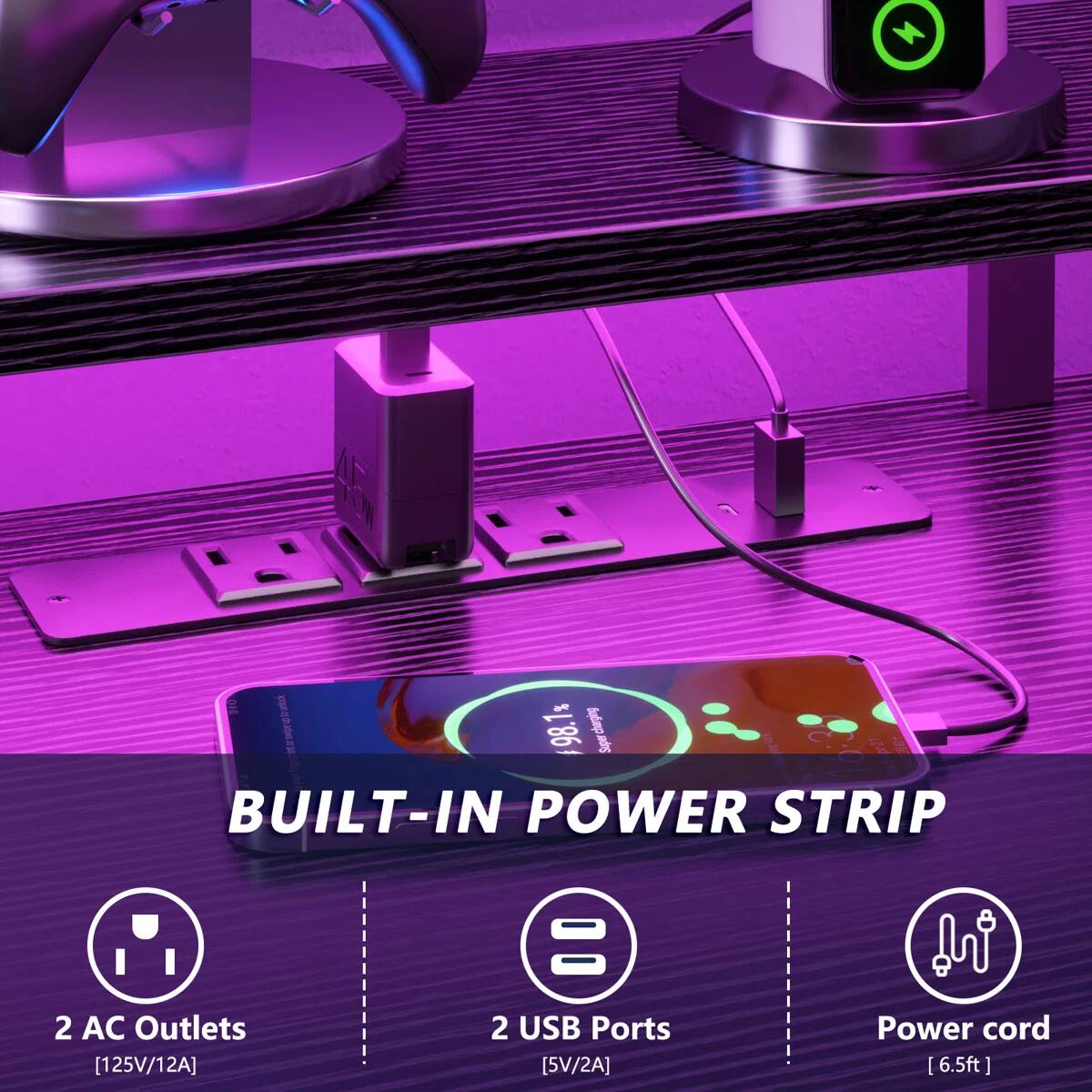 F - mncha.cu 1 Sudi 98.1 Sper BUILT-IN POWER STRIP 2 AC Outlets [125V/12A] 2 USB Ports [5V/2A] Power cord [6.5ft]