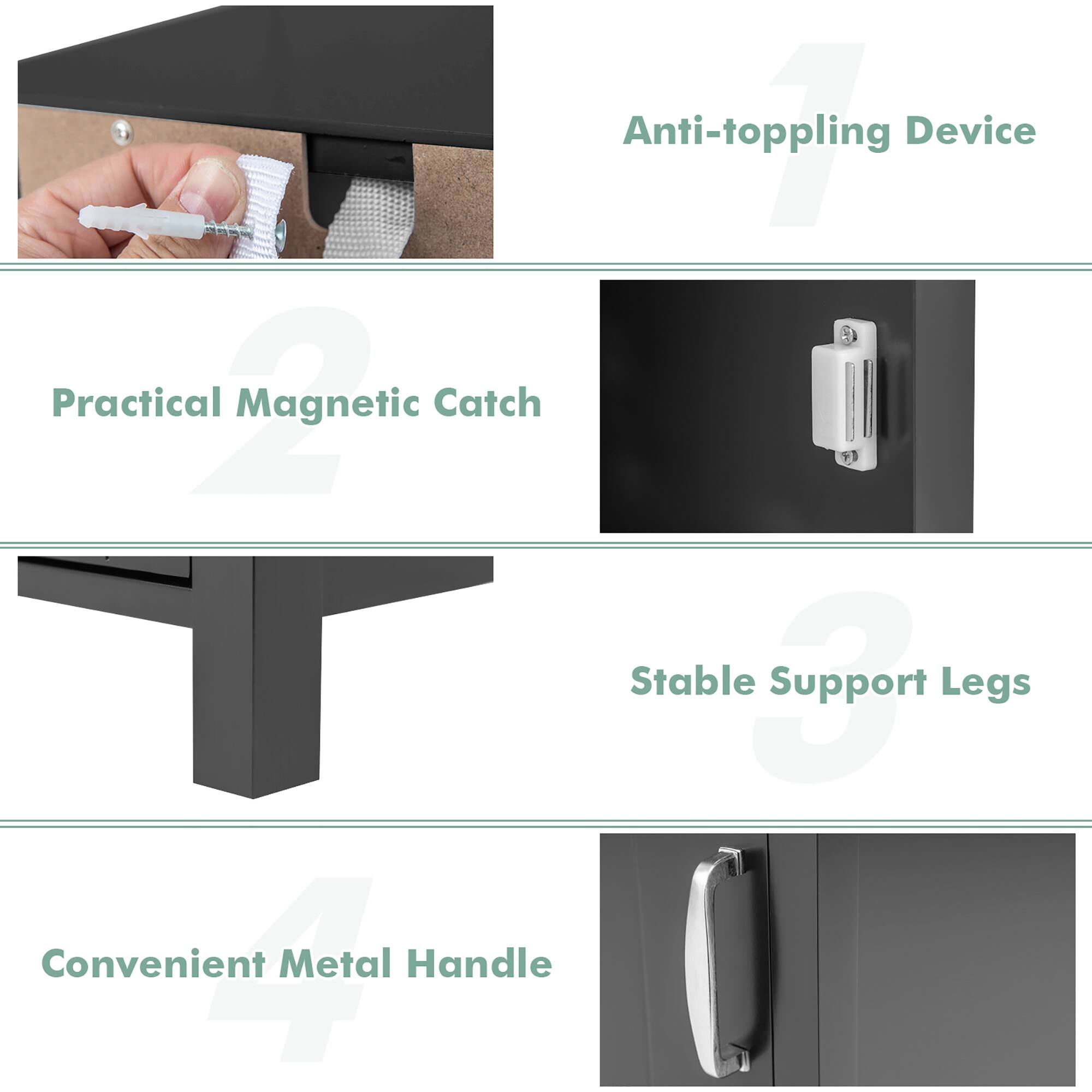 1. Anti-toppling Device  
2. Practical Magnetic Catch  
3. Stable Support Legs  
4. Convenient Metal Handle