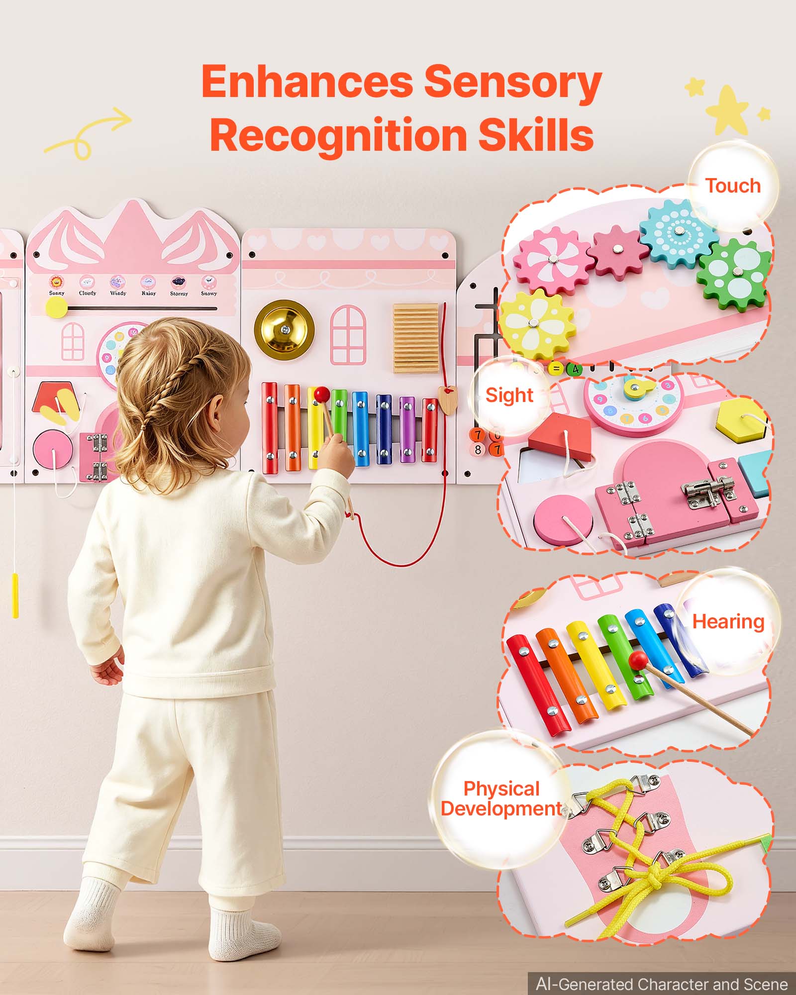 VEVOR Wall Busy Board, 14 in 1 Castle Montessori Sensory Activity ...
