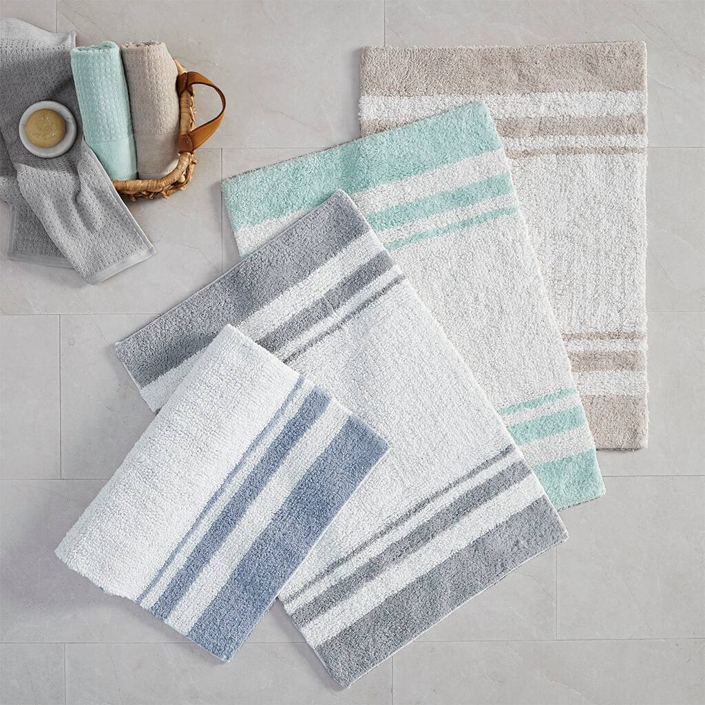 Alt View 2. APRILSOUL - Reversible Cotton Bath Rug Casual Stripes Soft Plush Highly Absorbent - Aqua.