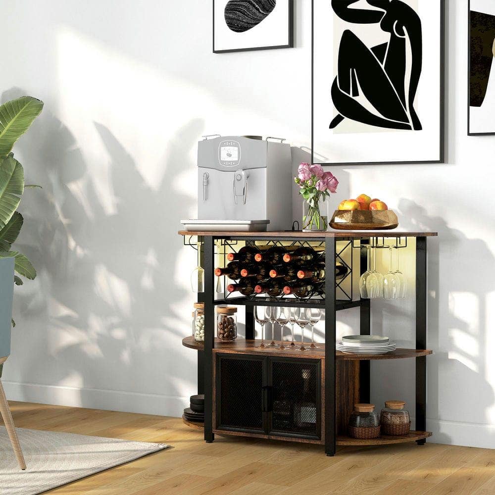 Kadyn - LED Lighted Wine Bar with USB Charging, Wine Racks and Glass Holders - Brown
