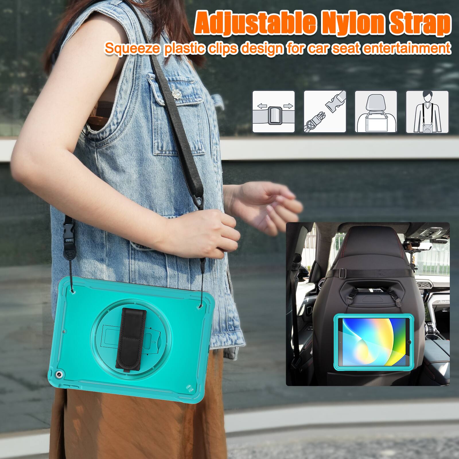 Adjustable Nylon Strap  
Squeeze plastic clips design for car seat entertainment