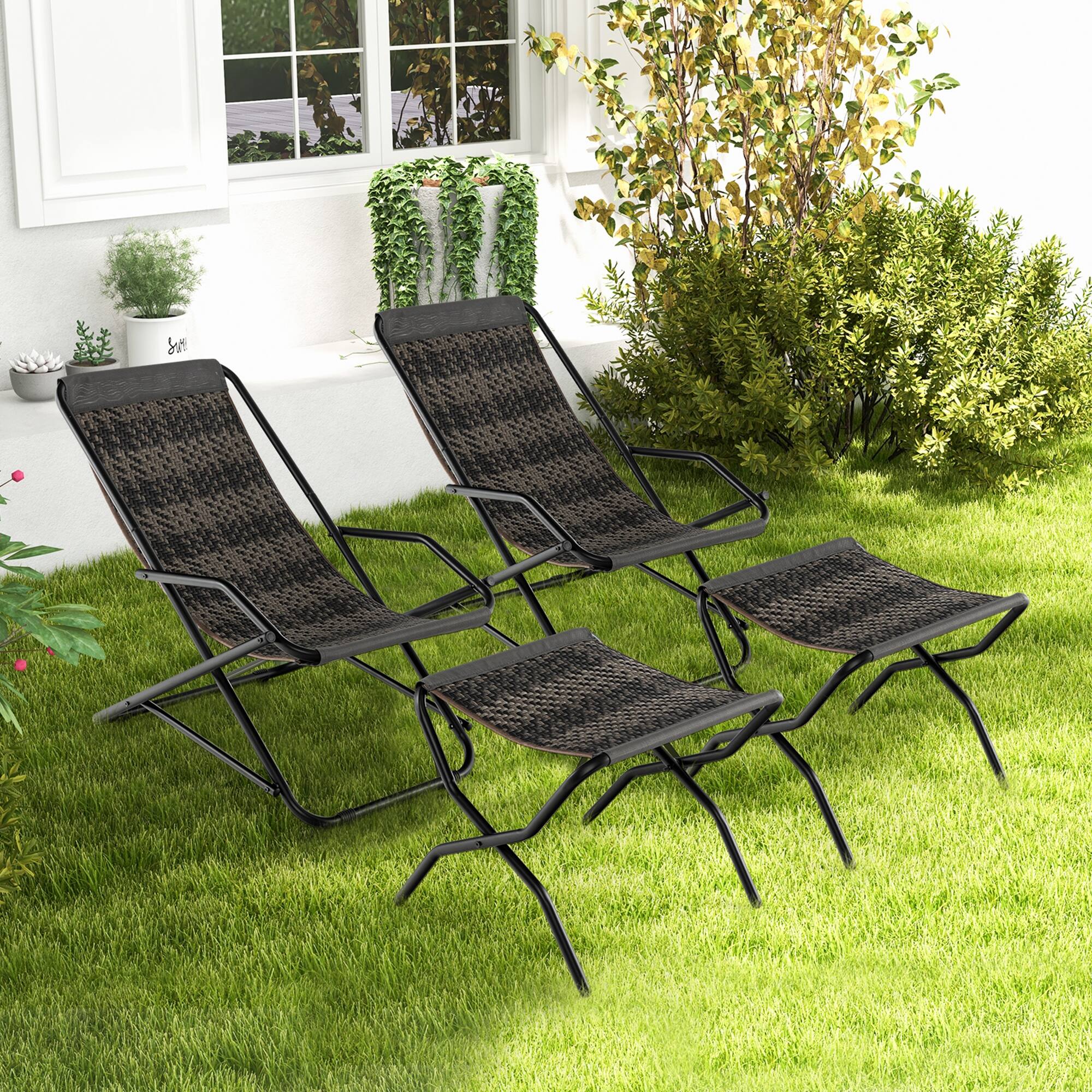 Alt View 3. Costway - Costway 1 PC Patio Folding Rattan Sling Lounge Chair Ottoman Rocking Footrests Armrest - Gray.