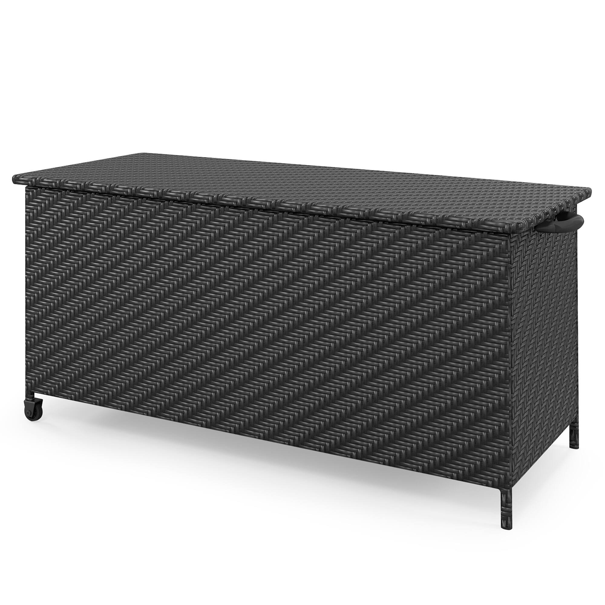 Alt View 9. Gymax - Gymax Tightly-Woven Rattan Deck Box w/ Polyester Liner Universal Wheels & Gas Strut Black - Black.