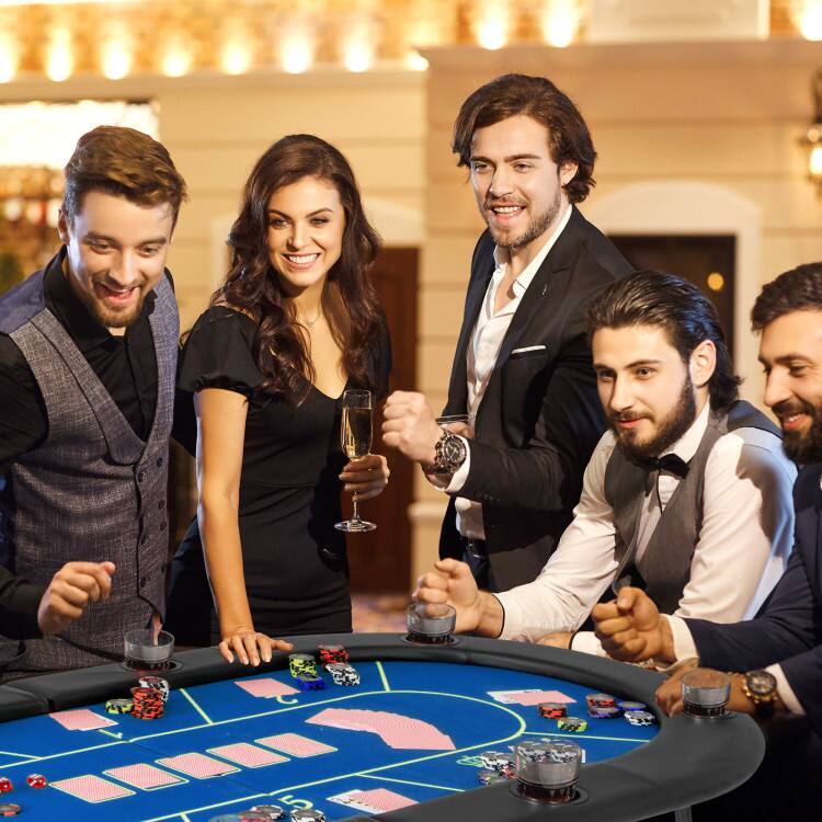 Back. SlickBlue - Foldable Poker Table with 8 Cup Holders for Cards, Casino, and Game Nights - Blue.