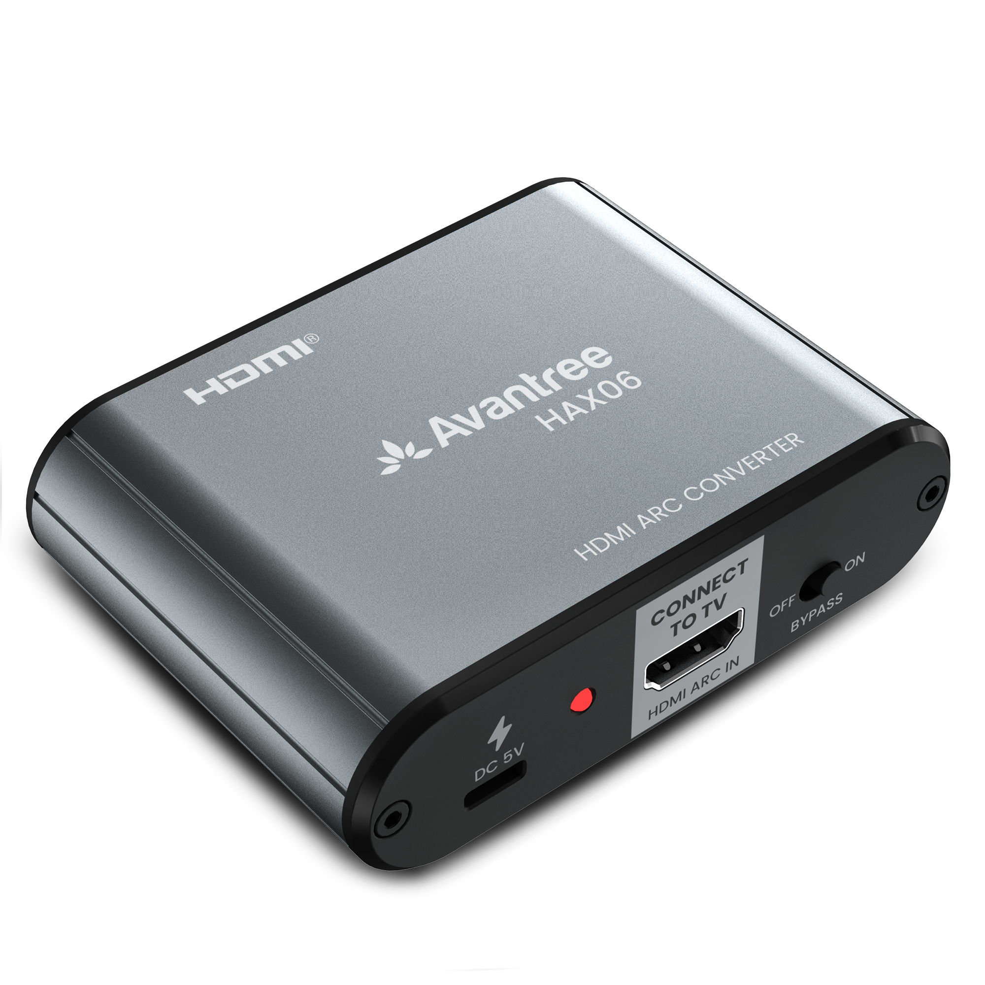 HDMI Avantree HAX06 HDMI ARC CONVERTER
- CONNECT TO TV
- HDMI ARC IN
- OFF BYPASS
- ON
- 5V DC