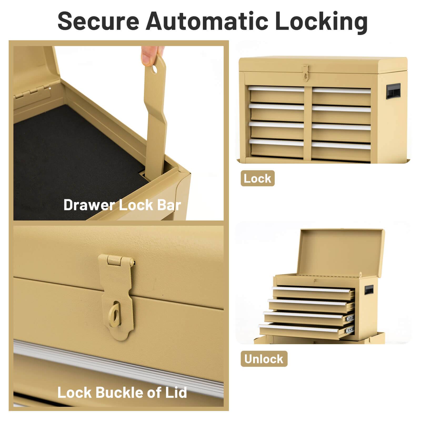 Secure Automatic Locking

- Lock
- Unlock

Drawer Lock Bar

Lock Buckle of Lid
