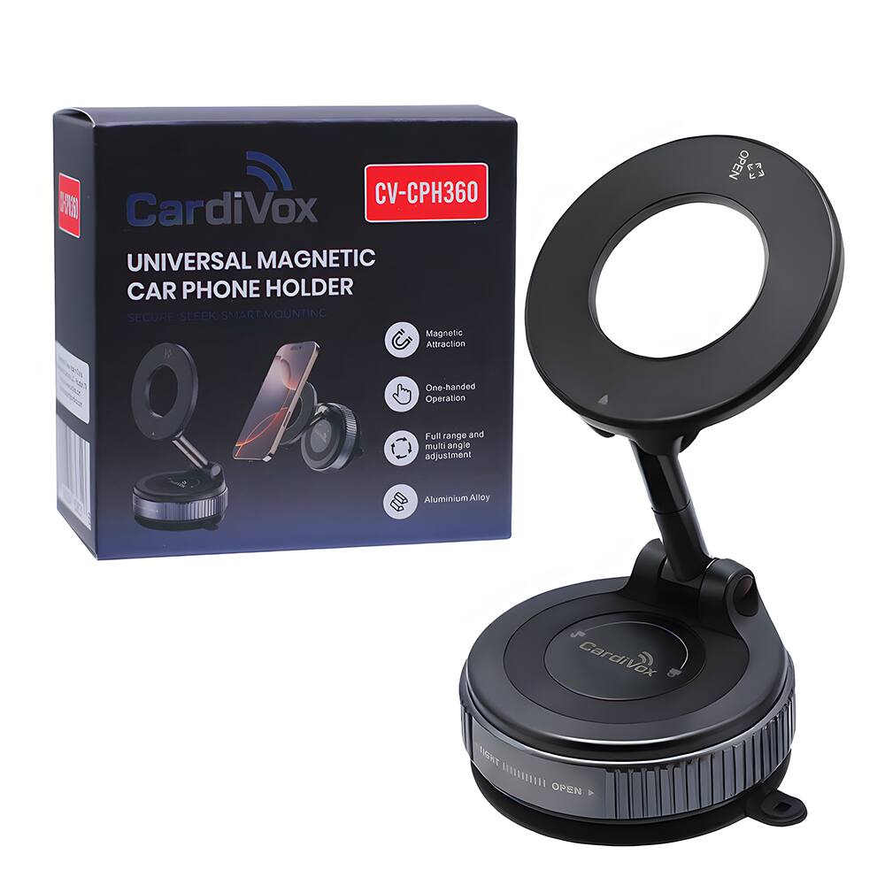 CardiVox - Universal Magnetic Car Phone Holder – 360° Rotating Dashboard Mount Foldable Suction Cup Stand - Black