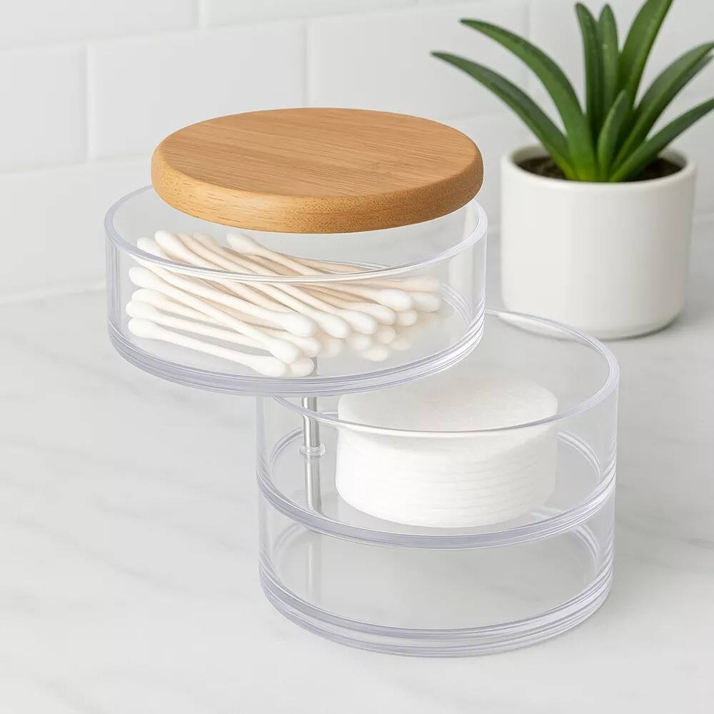 Angle. Elle - Acrylic Makeup Organizer with Bamboo Lid Clear 3Tier Rotating Jewelry Holder Nonslip 360° Storage Tray Bathroom & Vanity - Clear/Natural Bamboo.