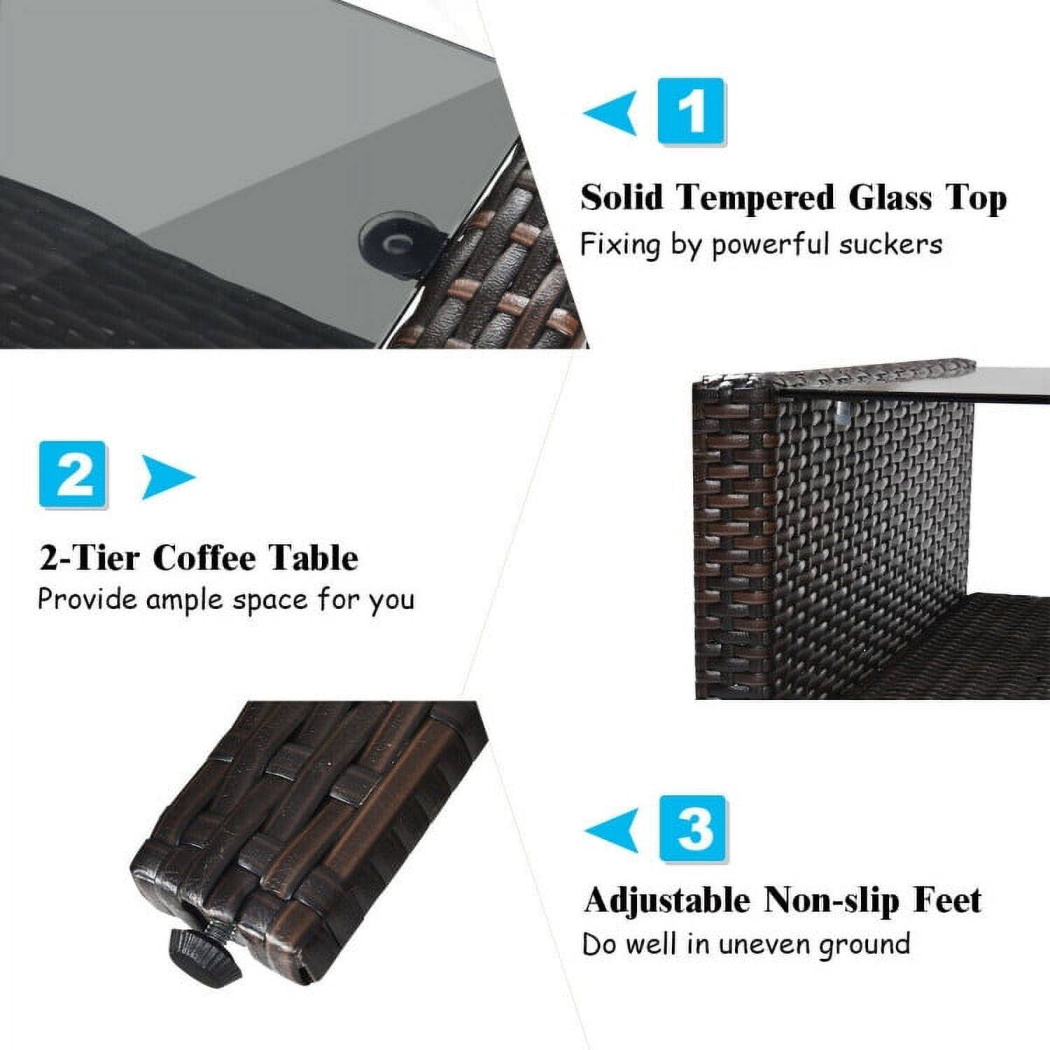 1. Solid Tempered Glass Top Fixing by powerful suckers  
2. 2-Tier Coffee Table Provide ample space for you  
3. Adjustable Non-slip Feet Do well in uneven ground