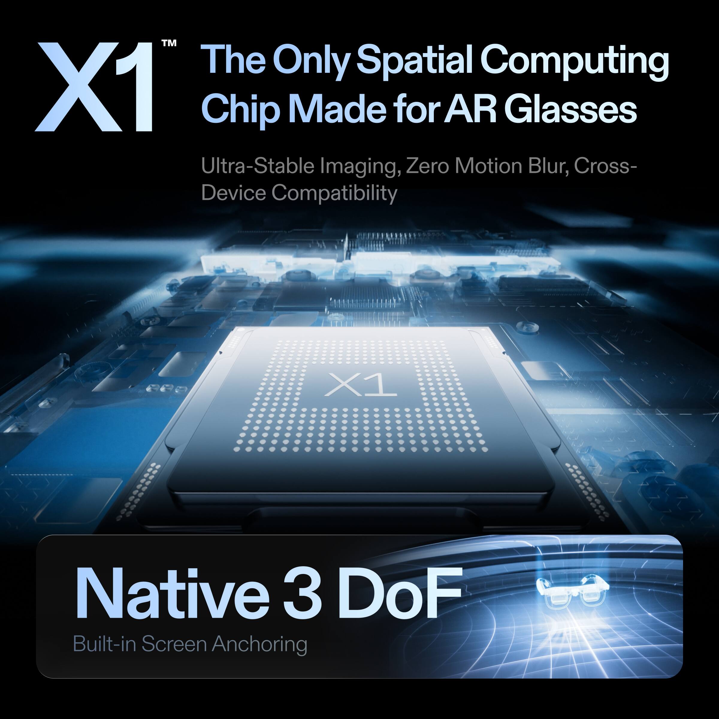 The Only Spatial Computing X1 Chip Made for AR Glasses
Ultra-Stable Imaging, Zero Motion Blur, Cross-Device Compatibility
X1 Native 3 DoF Built-in Screen Anchoring