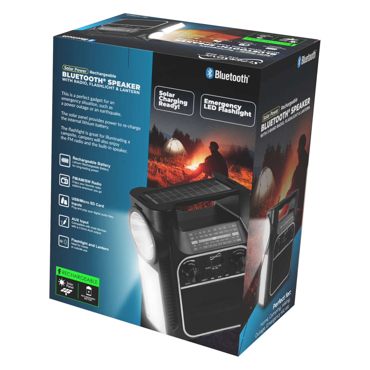 Solar Power Rechargeable Bluetooth Speaker with Radio, Flashlight, and Lantern

This is a perfect gadget for an emergency situation, such as a power outage or an earthquake. The solar panel provides power to recharge the internal lithium battery. The flashlight is great for camping, illuminating a tent, and the built-in FM radio and speaker.

- Rechargeable Battery
- FM/AM/SW Radio
- USB/Micro SD Card Inputs
- AUX Input
- Flashlight and Lantern
- Rechargeable Solar Panel

Perfect for:
- Home Camping
- Outdoor Emergency Use