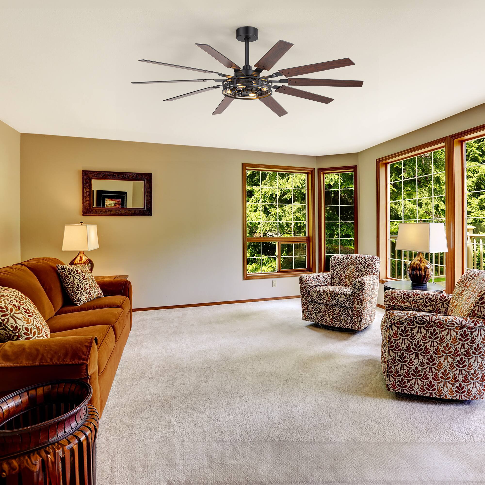 Alt View 6. Breezary - 60-inch Ceiling Fan with Light Kit, 10 Plywood Blades, DC Motor, 6-Speed Remote Control with Memory Function - Matte Black and Dark Walnut Color.