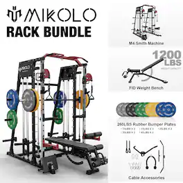 Mikolo - Smith Machine, 2200 lbs Power Rack Cage,Power Rack with 800LB Capacity Weight Bench and 260 lbs Weight Plate - Red