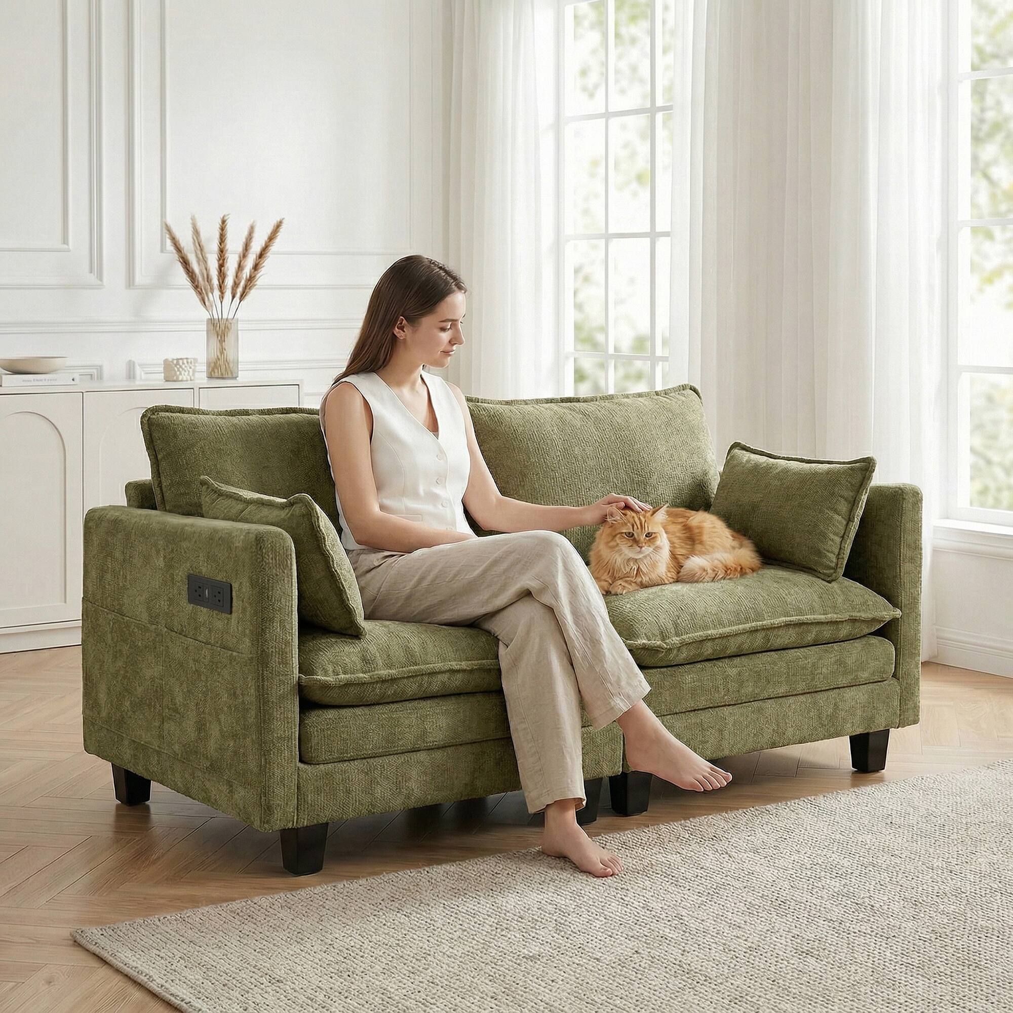 Angle. Anysun - Modern Chenille Loveseat Sofa – 2-Seat Compact Couch with Dual USB Charging Ports and Side Pockets - Antique Light Green.