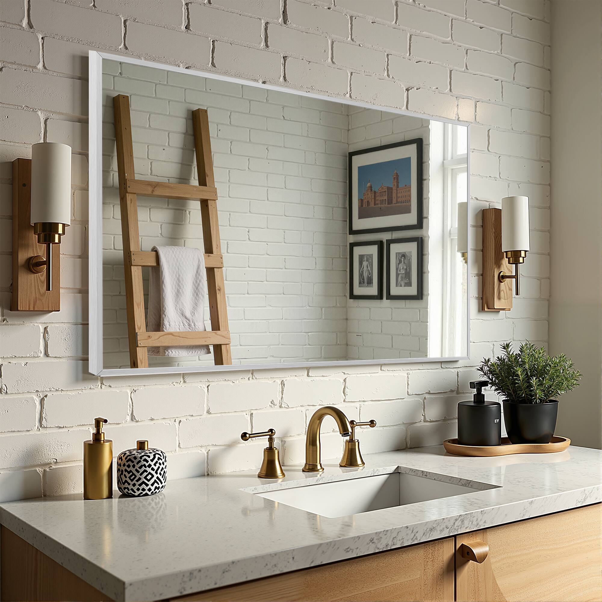 Alt View 1. PexFix - Modern Metal Frame Bathroom Mirror, 26x38 in. Rectangle, Wall-Mounted for Vanity & Powder Room - Silver.