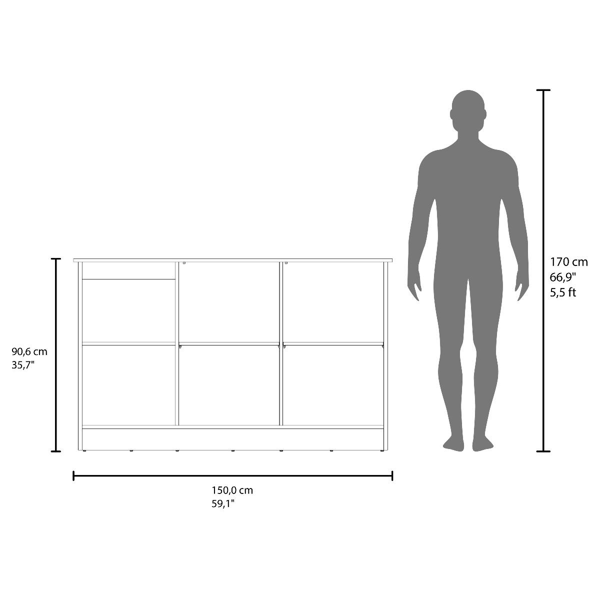 170 cm 66,9" 5,5ft  
90,6 cm 35,7"  
150,0 cm 59,1"