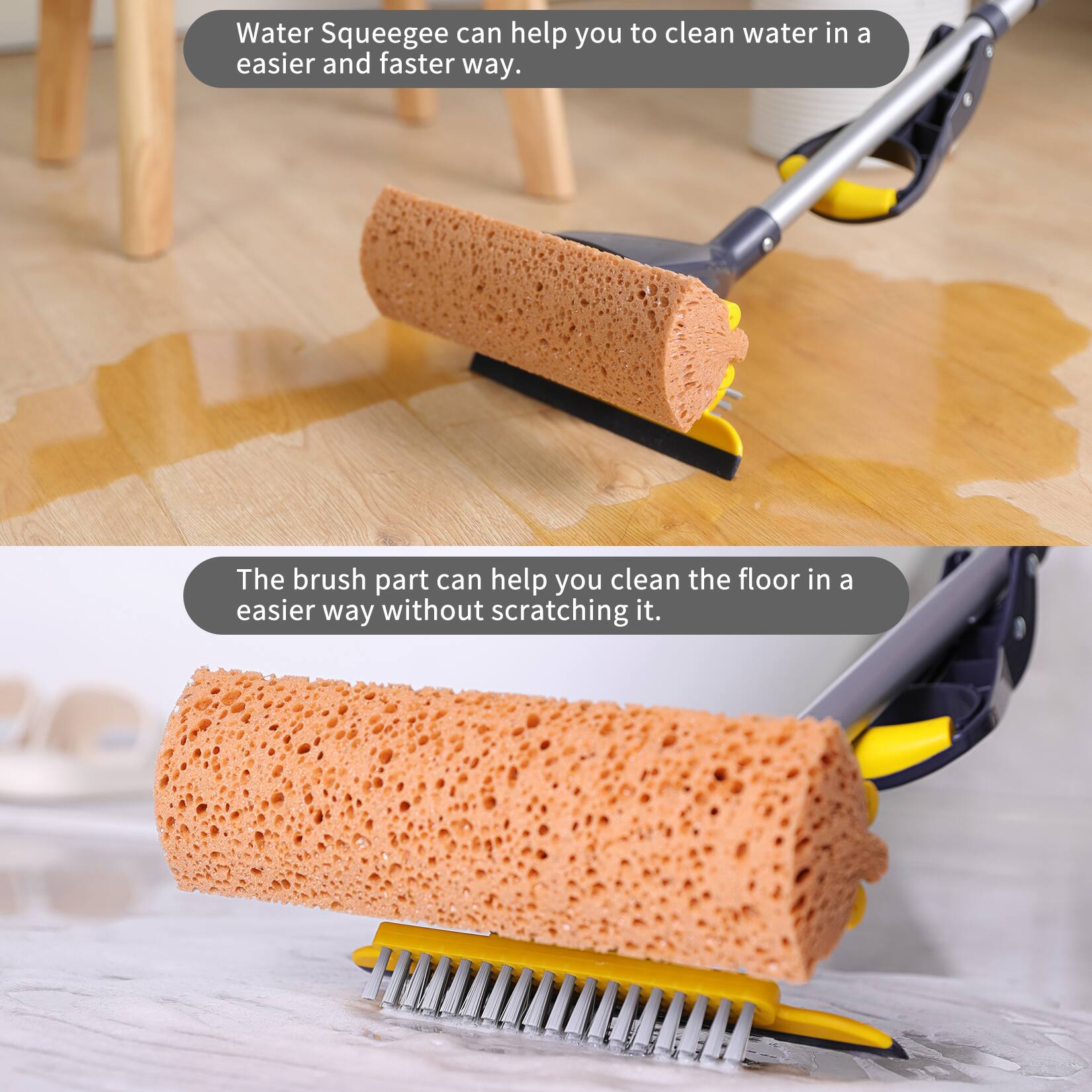 Water Squeegee can help you to clean water in a easier and faster way.  
The brush part can help you clean the floor in a easier way without scratching it.