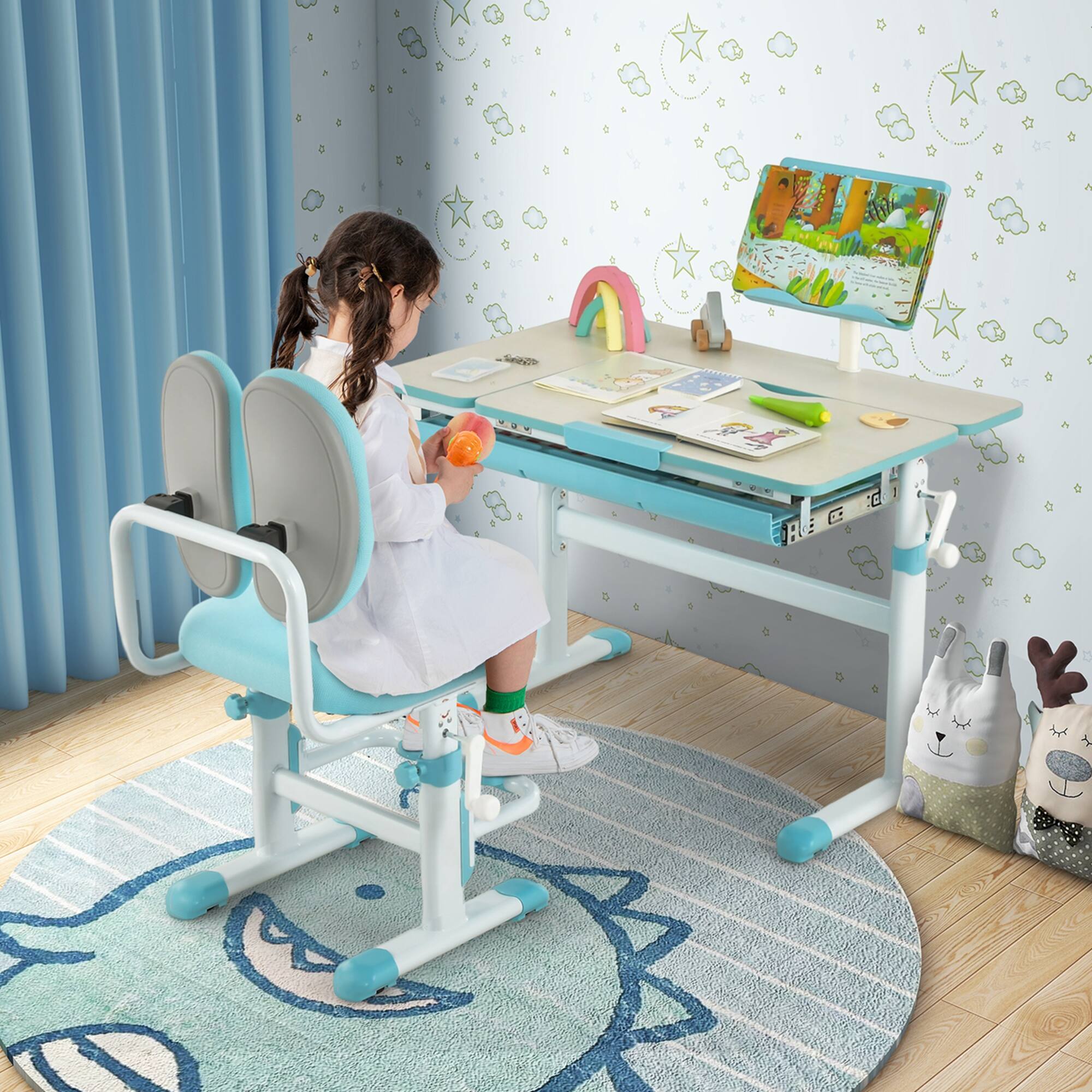 Alt View 3. Costway - Costway Height-Adjustable Kids Desk Children Study Table with Tilt Desktop & Book Stand - Blue.