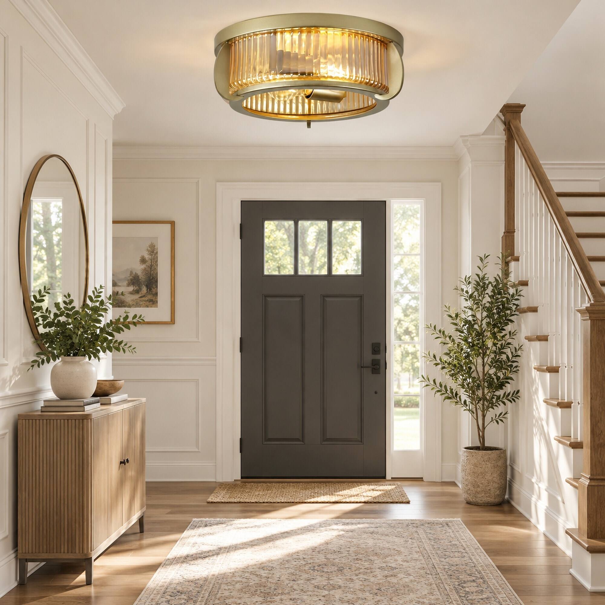 RYHNUYNE Semi Flush Mount Ceiling Light, 11.81 in Round Ribbed Glass ...