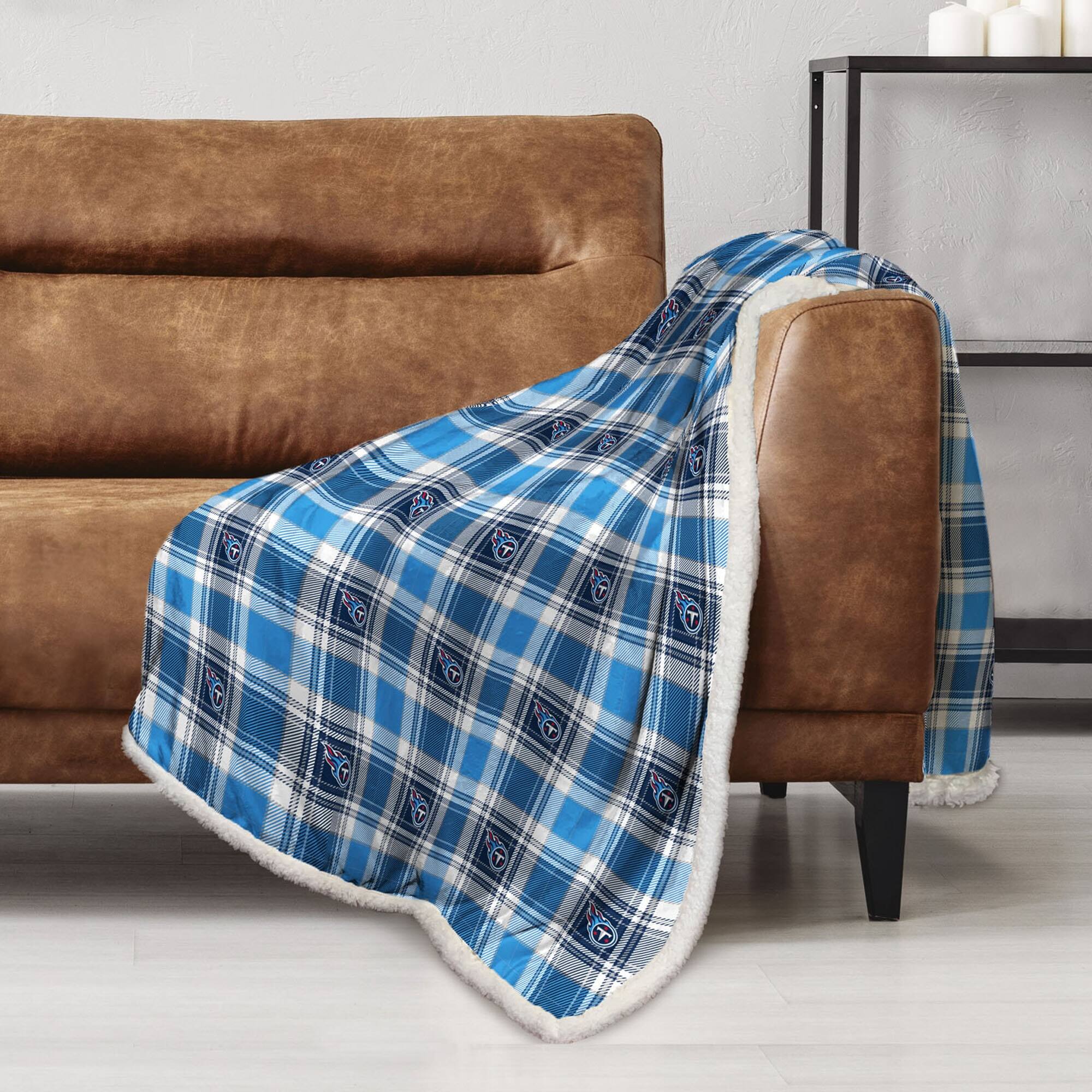 Alt View 1. Pegasus - Tennessee Titans 60" x 90" Plaid Logo Box Royal Plush Sherpa Blanket - Multicolor.