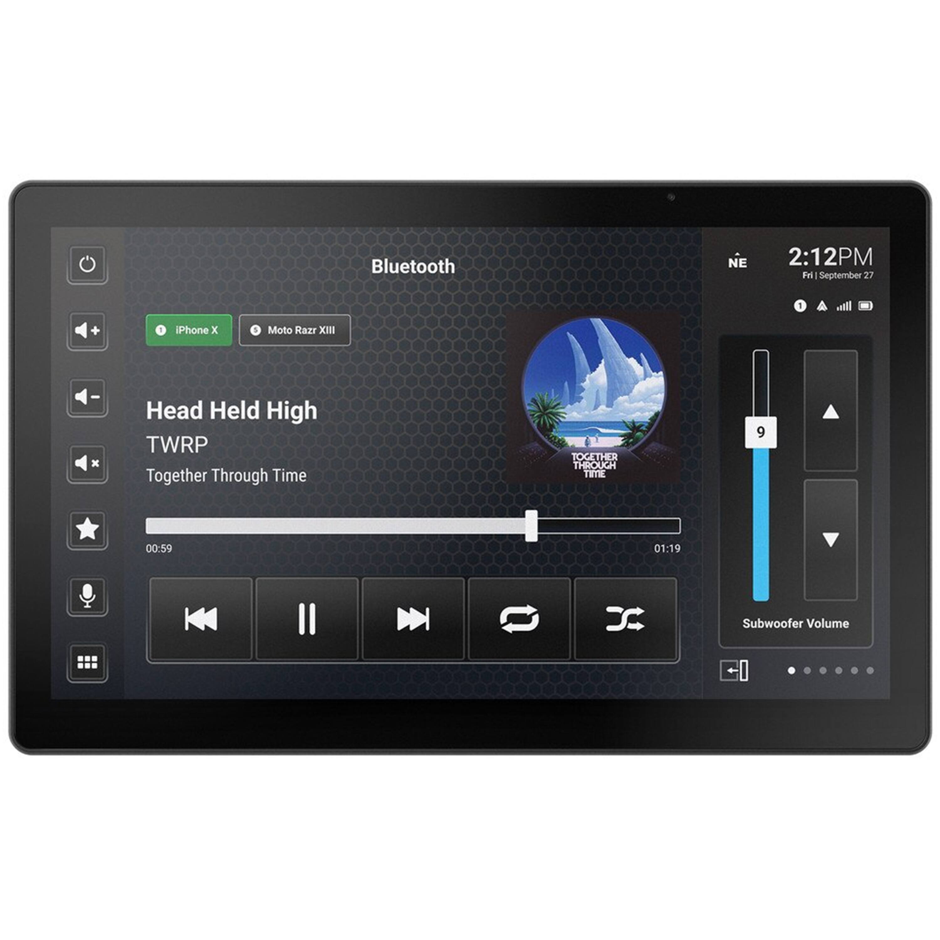 The text on the image reads: "Bluetooth NE 2:12PM Fil September 27 - + Phone x Moto Razr XIII 1 Head Held High TWRP Together Through Time TOGETHER THROUGH TIME 9 00:59 01:19 Subwoofer Volume -". This text can be grouped and corrected as follows:

"Bluetooth NE 2:12PM Fil September 27 - + Phone x Moto Razr XIII 1 Head Held High TWRP Together Through Time TOGETHER THROUGH TIME 9 00:59 01:19 Subwoofer Volume -"

The text is a combination of various elements, such as a date, time, phone model, and music title. It appears to be a description of a music player or streaming app, with the music title "Head Held High" by TWRP. The subwoofer volume is set to -, indicating that it is turned off or set to a low level.