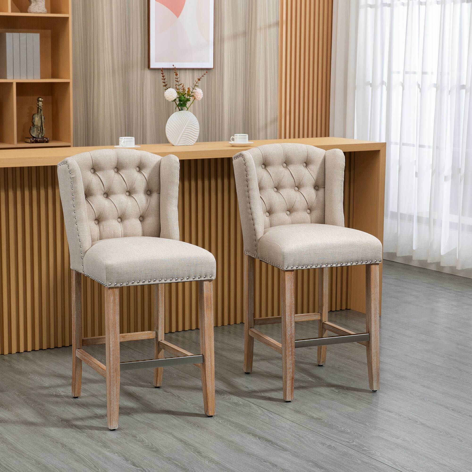 Alt View 1. Homcom - Counter Height Bar Stools Set of 2, 27" Seat Height Upholstered Barstools, Farmhouse Kitchen Island Stools - Beige.